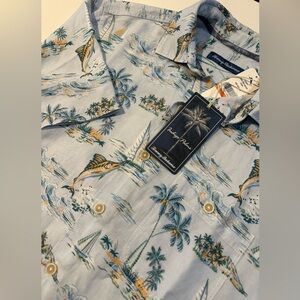Tommy Bahama Mens S Blue Sand Linen Sailfish Senic Swordfish Palm Trees Shirt